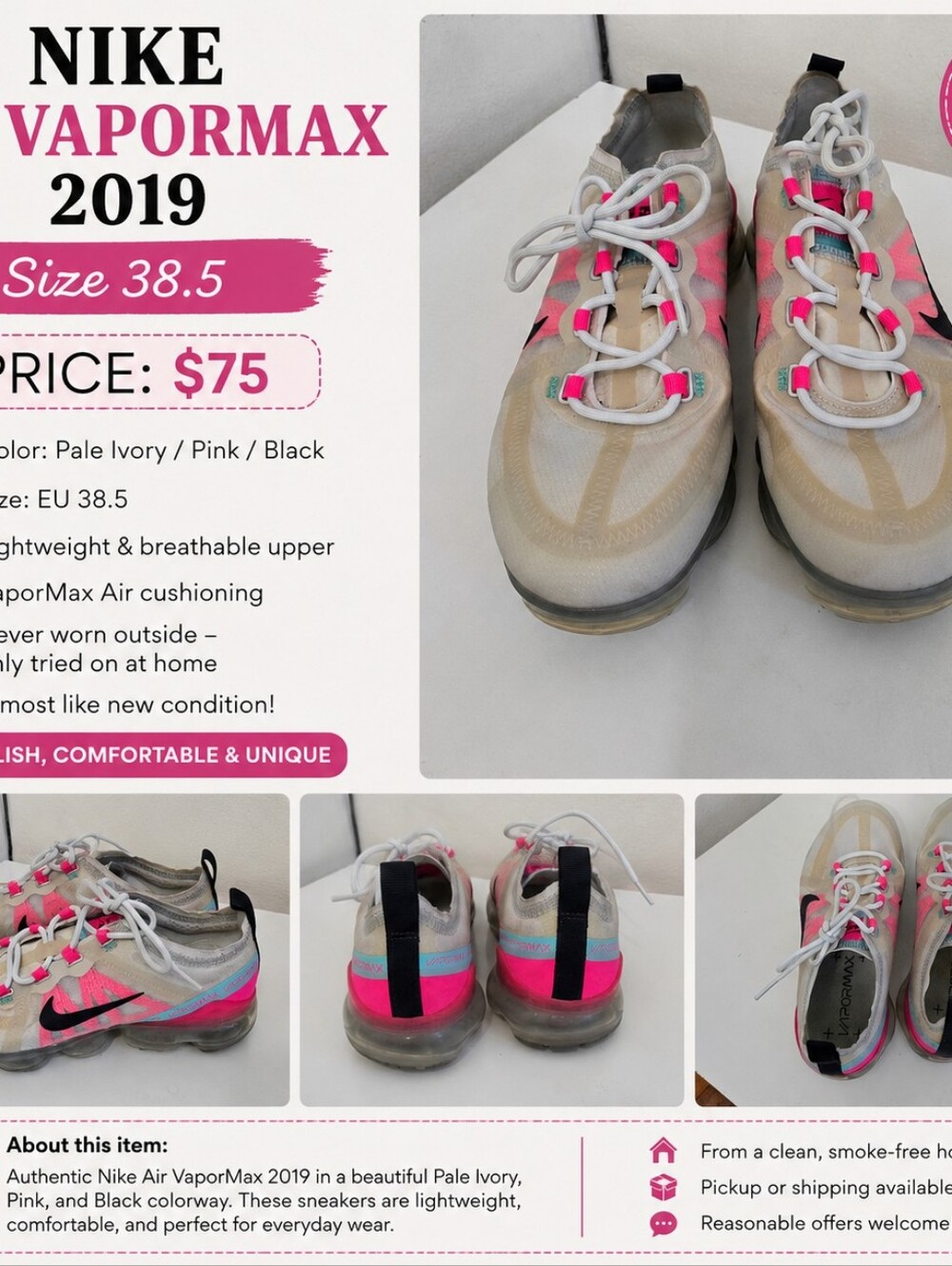 Nike Air VaporMax 2019 sneakers in a beautiful ivory/cream, bright pink